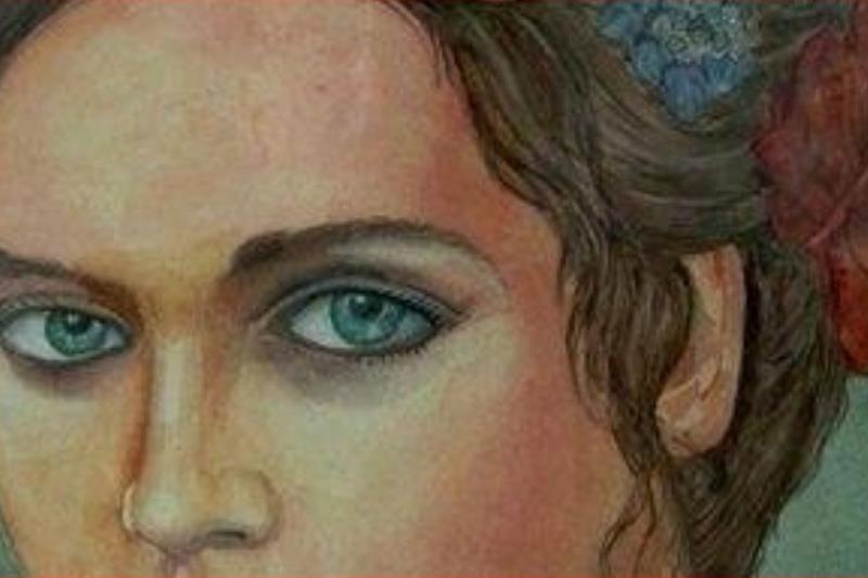 Particolare di uno dei dipinti in mostra gli occhi di una donna